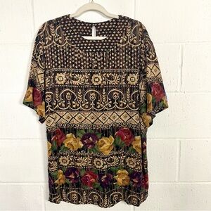 VTG Carole Little Tunic Dress‎ Brown Floral Beaded Fringe BoHo Artsy Eclectic 14